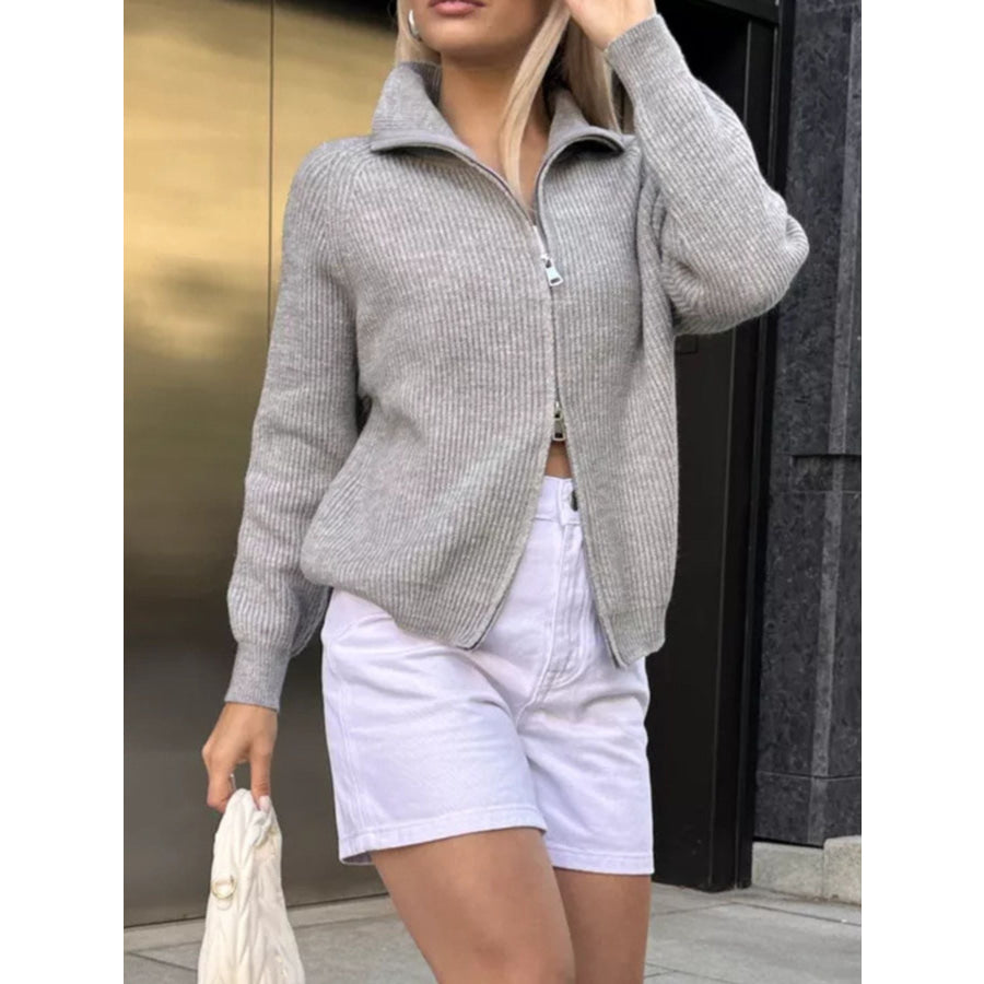 Zip-Up Ribbed Knit Cardigan Apparel and Accessories