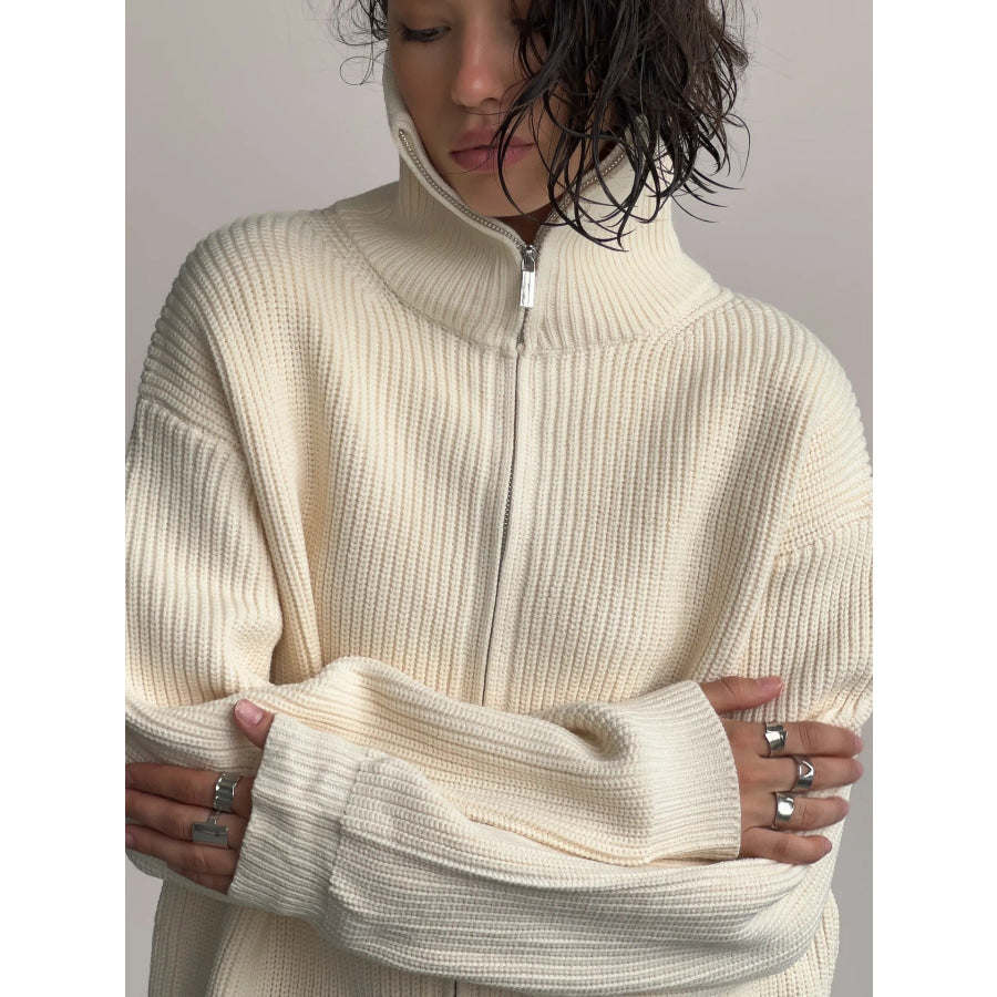 Zip-Up Ribbed Knit Cardigan Cream / S Apparel and Accessories
