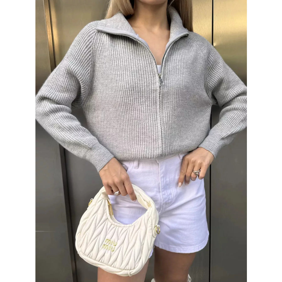 Zip-Up Ribbed Knit Cardigan Gray / S Apparel and Accessories