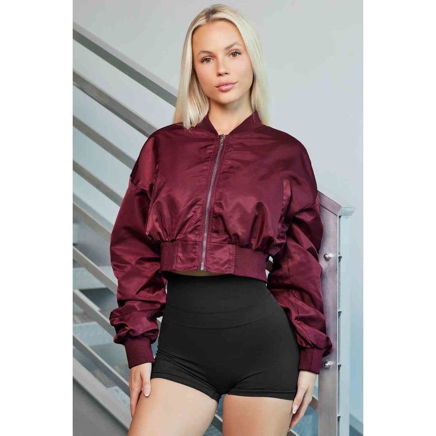 Zip-Up Ruched Cropped Jacket Deep Red / XS