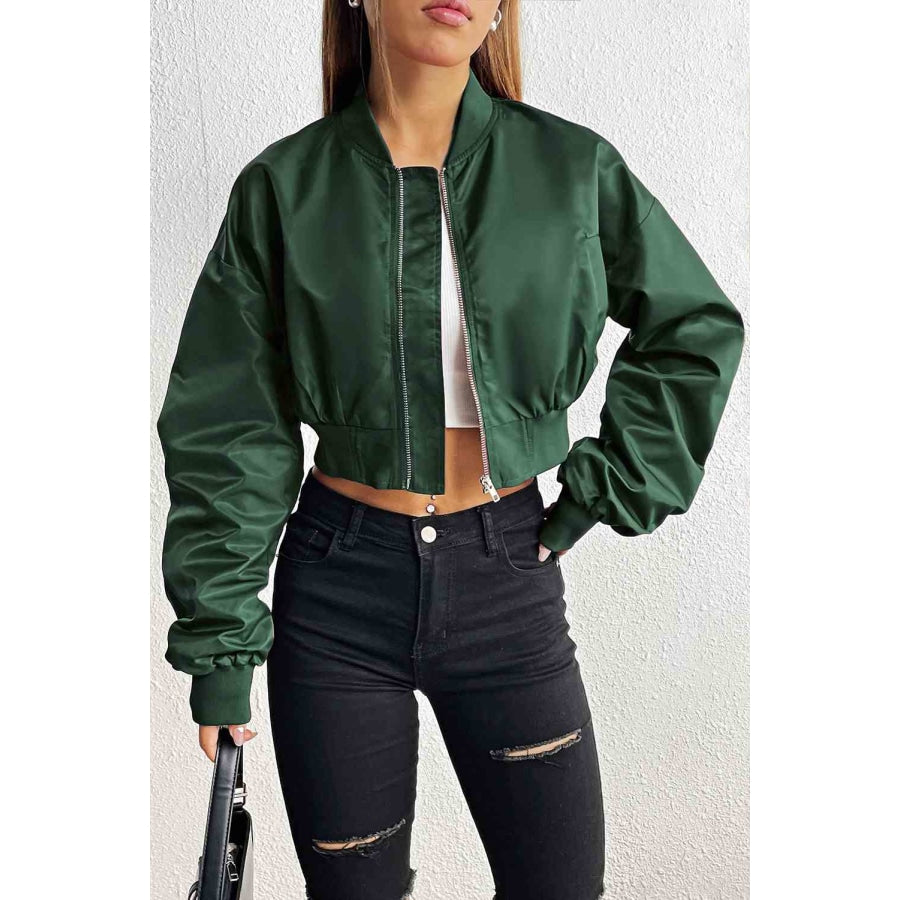 Zip-Up Ruched Cropped Jacket Green / XS