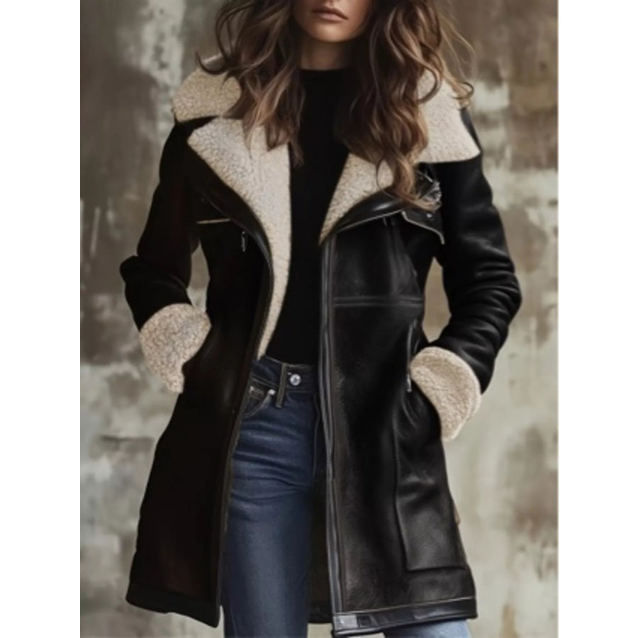 Zip Up Sherpa Leather Outerwear Black / S Apparel and Accessories