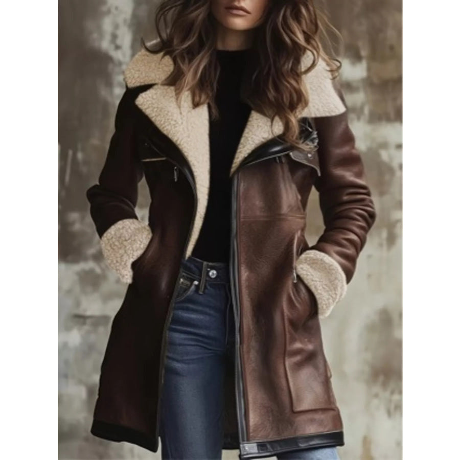 Zip Up Sherpa Leather Outerwear Brown / S Apparel and Accessories