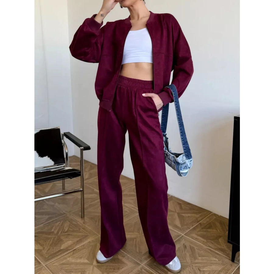 Zip Up Sweatshirt and Wide-Leg Pants Set Apparel and Accessories