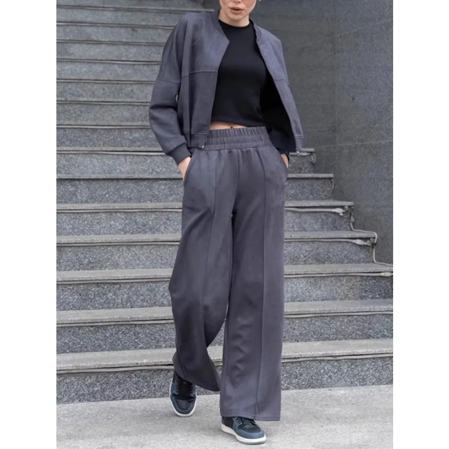 Zip Up Sweatshirt and Wide-Leg Pants Set Apparel and Accessories