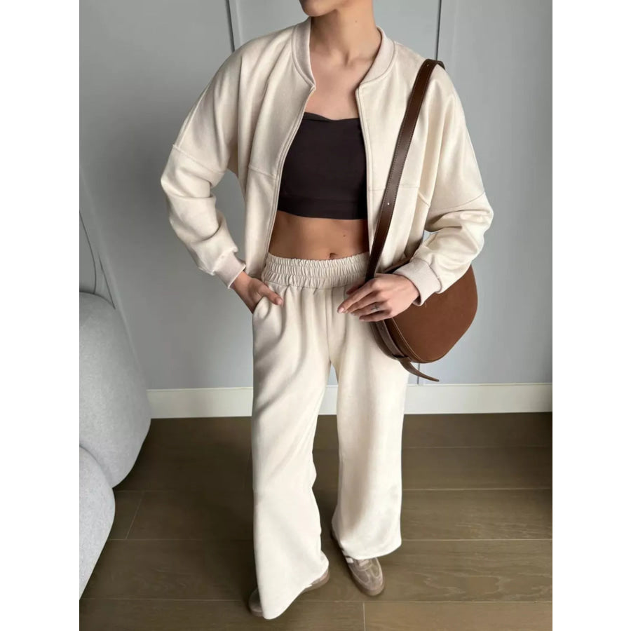 Zip Up Sweatshirt and Wide-Leg Pants Set Apricot / S Apparel and Accessories