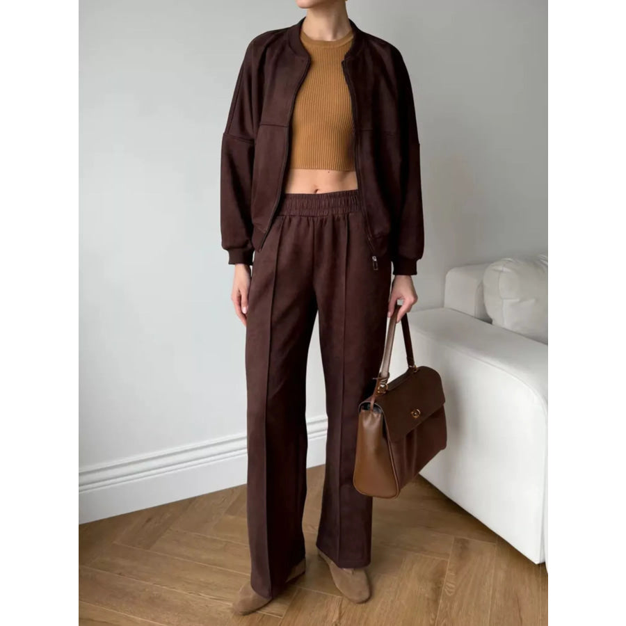 Zip Up Sweatshirt and Wide-Leg Pants Set Brown / S Apparel and Accessories