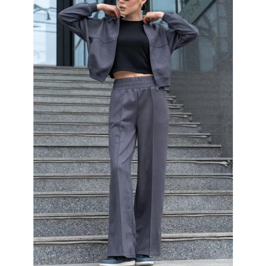 Zip Up Sweatshirt and Wide-Leg Pants Set Dark Gray / S Apparel and Accessories