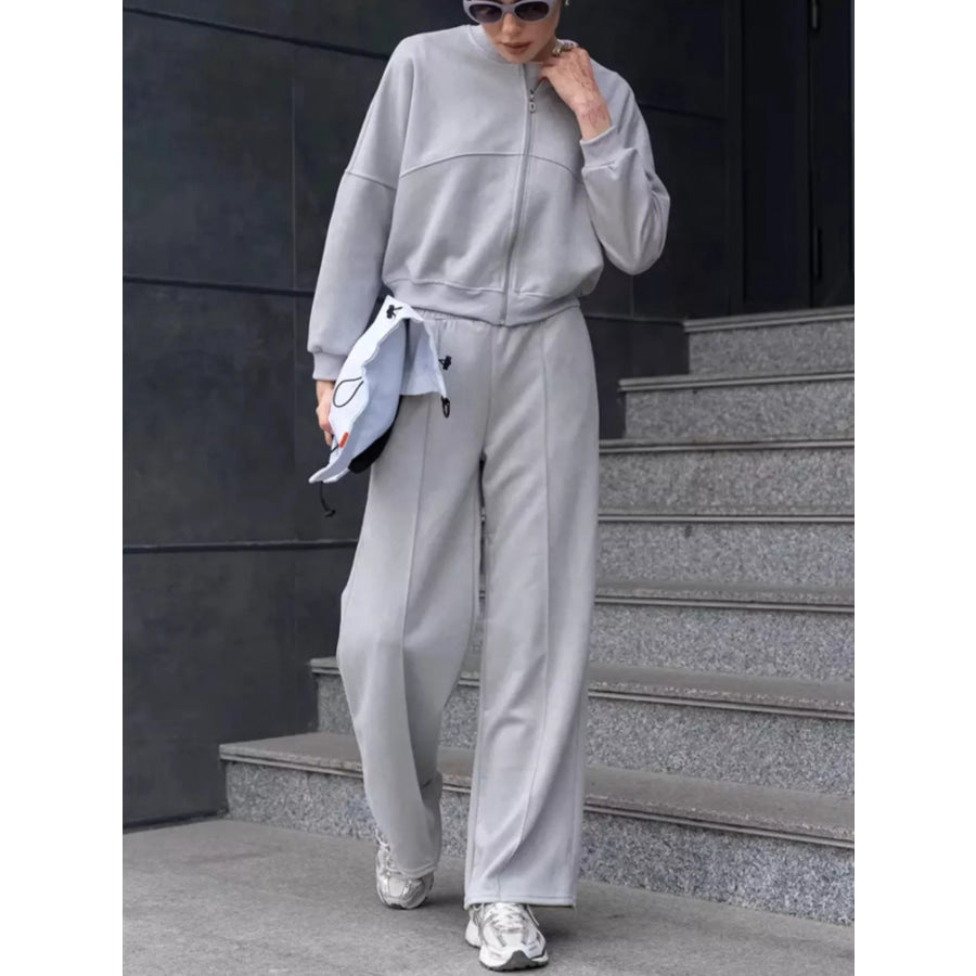 Zip Up Sweatshirt and Wide-Leg Pants Set Light Gray / S Apparel and Accessories