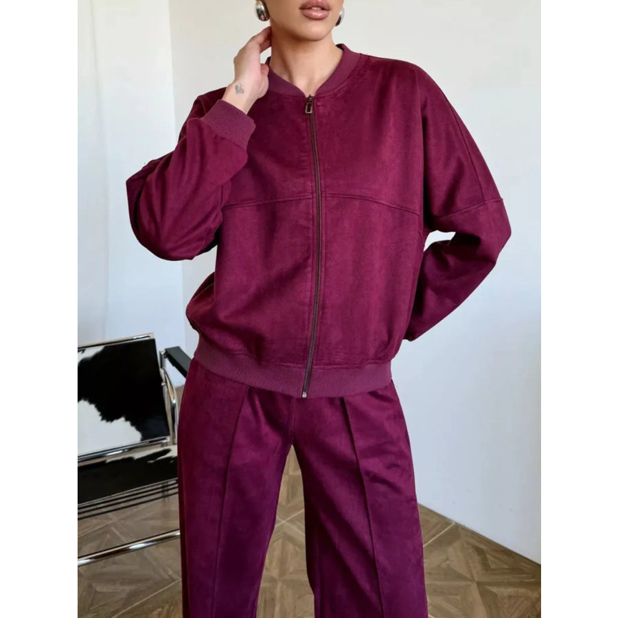 Zip Up Sweatshirt and Wide-Leg Pants Set Wine Red / S Apparel and Accessories