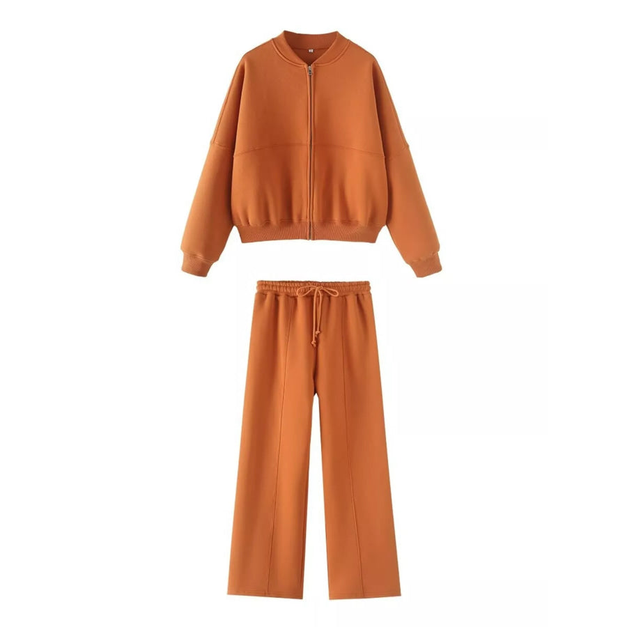 Zip Up Top and Drawstring Pants Two-Piece Set Orange / S Apparel and Accessories