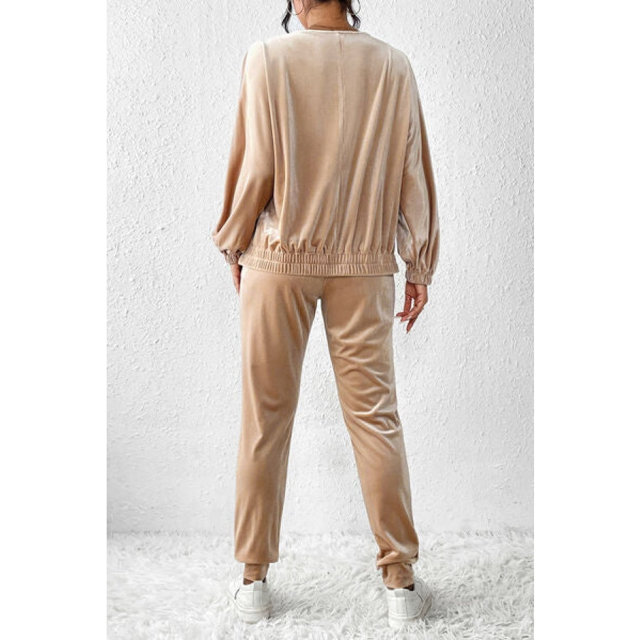 Zip Up Top and Pants Set Tan / S Clothing