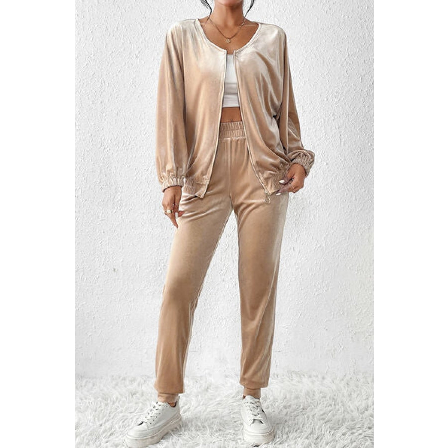 Zip Up Top and Pants Set Tan / S Clothing