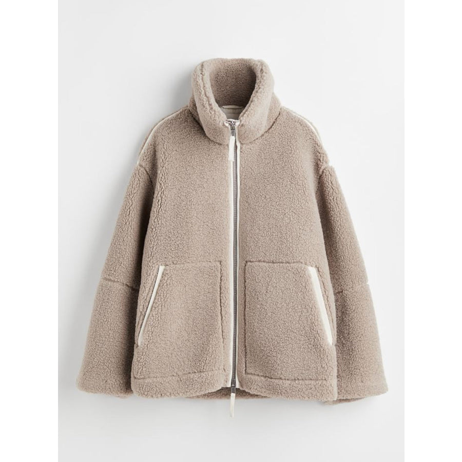 Zip Up Turtleneck Long Sleeve Plush Jacket Dust Storm / S Apparel and Accessories