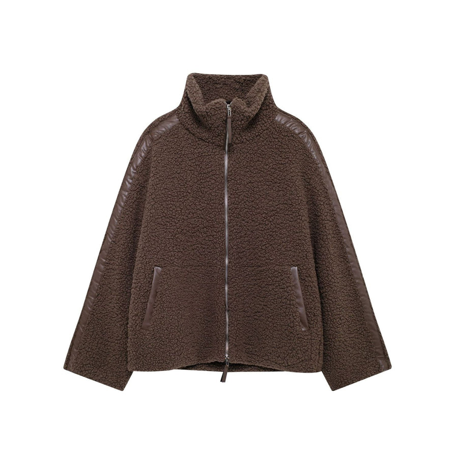 Zip Up Turtleneck Long Sleeve Plush Jacket Dark Brown / S Apparel and Accessories