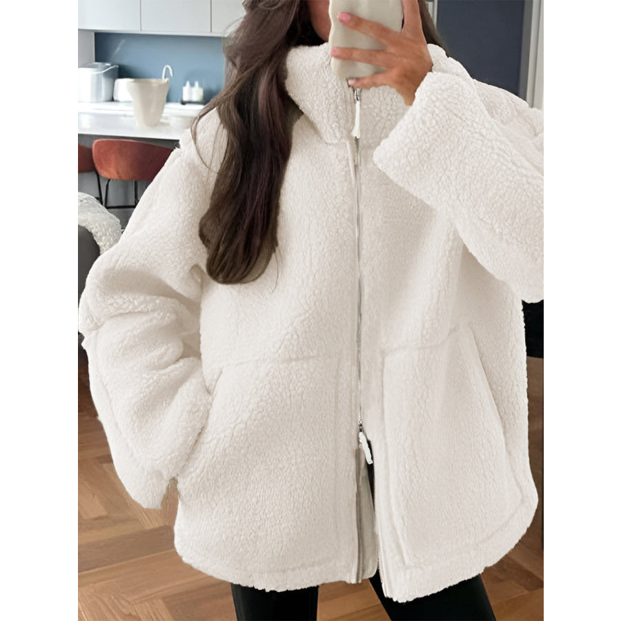 Zip Up Turtleneck Long Sleeve Plush Jacket White / S Apparel and Accessories