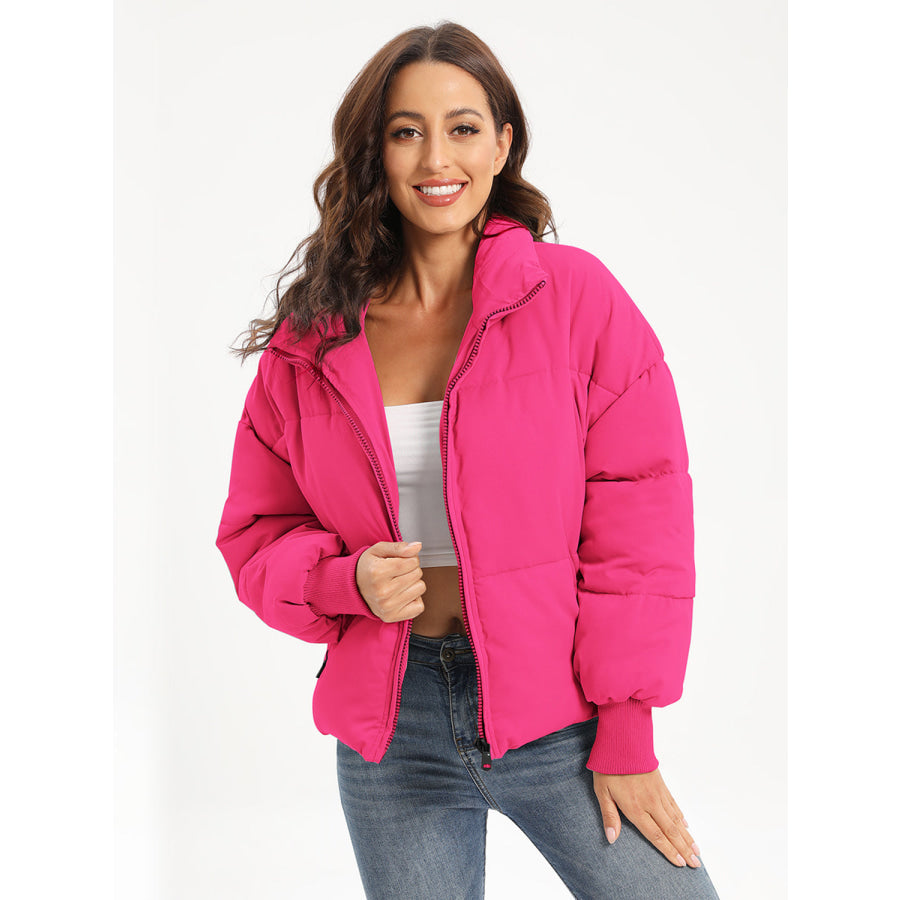 Zip Up Turtleneck Long Sleeve Winter Coat Hot Pink / XS Apparel and Accessories