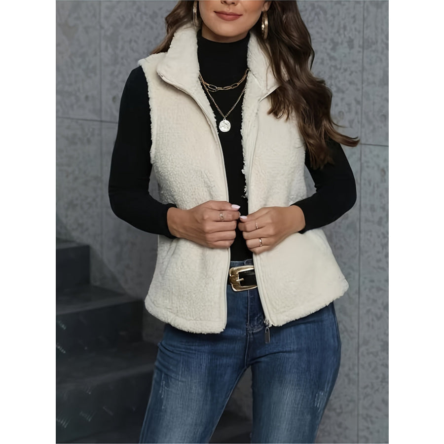 Zip Up Turtleneck Sherpa Vest Coat with Pockets Apparel and Accessories