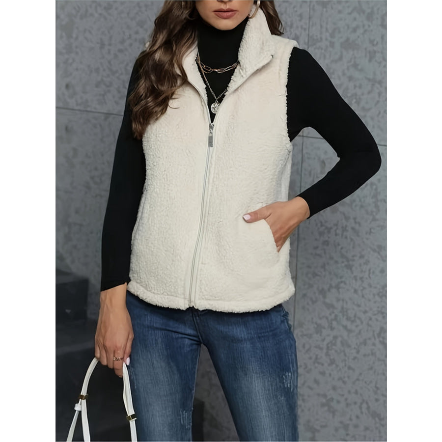 Zip Up Turtleneck Sherpa Vest Coat with Pockets Apparel and Accessories