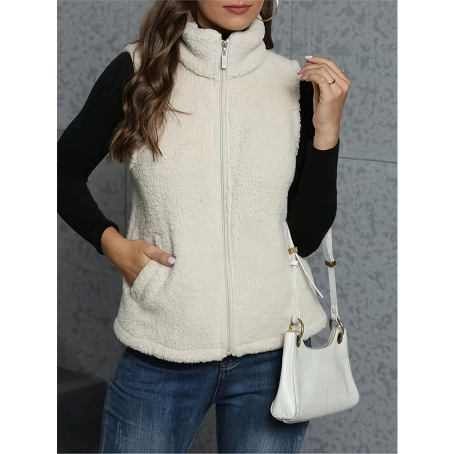 Zip Up Turtleneck Sherpa Vest Coat with Pockets Apparel and Accessories