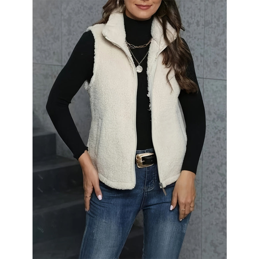 Zip Up Turtleneck Sherpa Vest Coat with Pockets Cream / S Apparel and Accessories