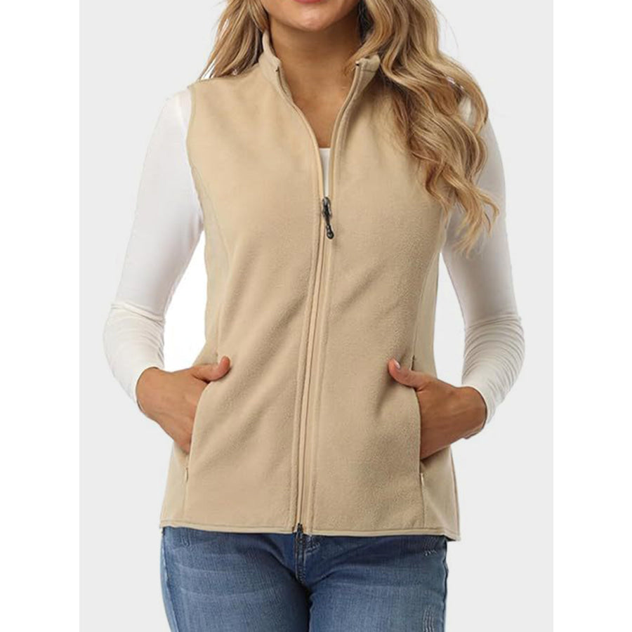 Zip Up Turtleneck Vest with Pockets Tan / S Apparel and Accessories