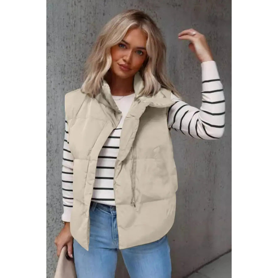 Zip Up Vest Coat with Pockets Beige / M Apparel and Accessories