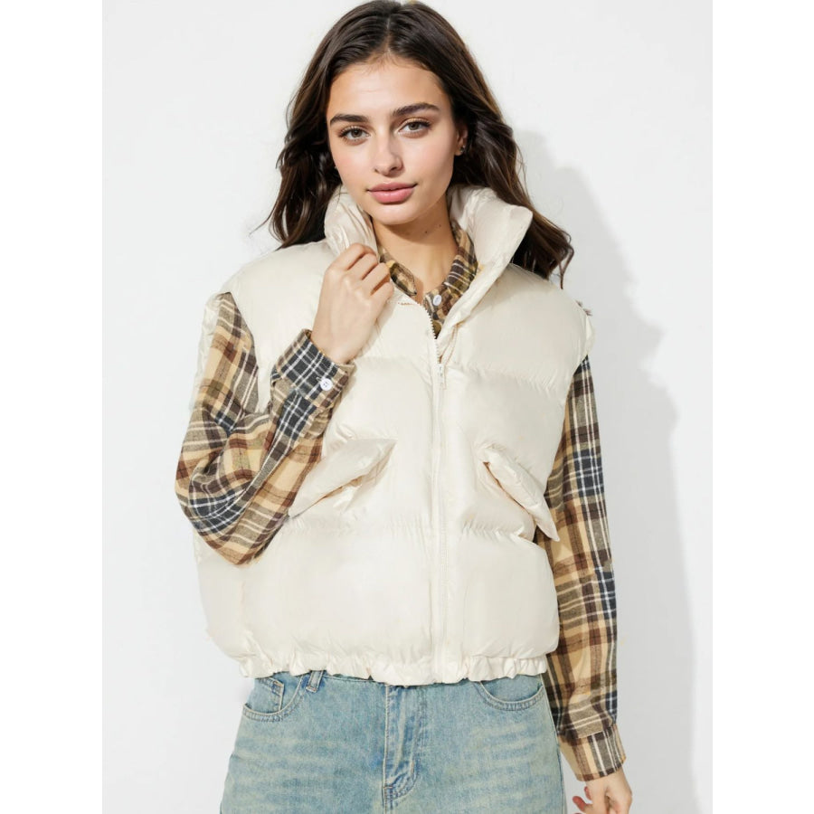 Zip Up Vest Coat with Pockets Cream / S Apparel and Accessories