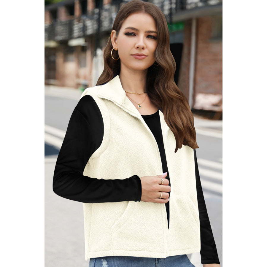 Zip Up Vest Coat with Pockets Ivory / S Apparel and Accessories