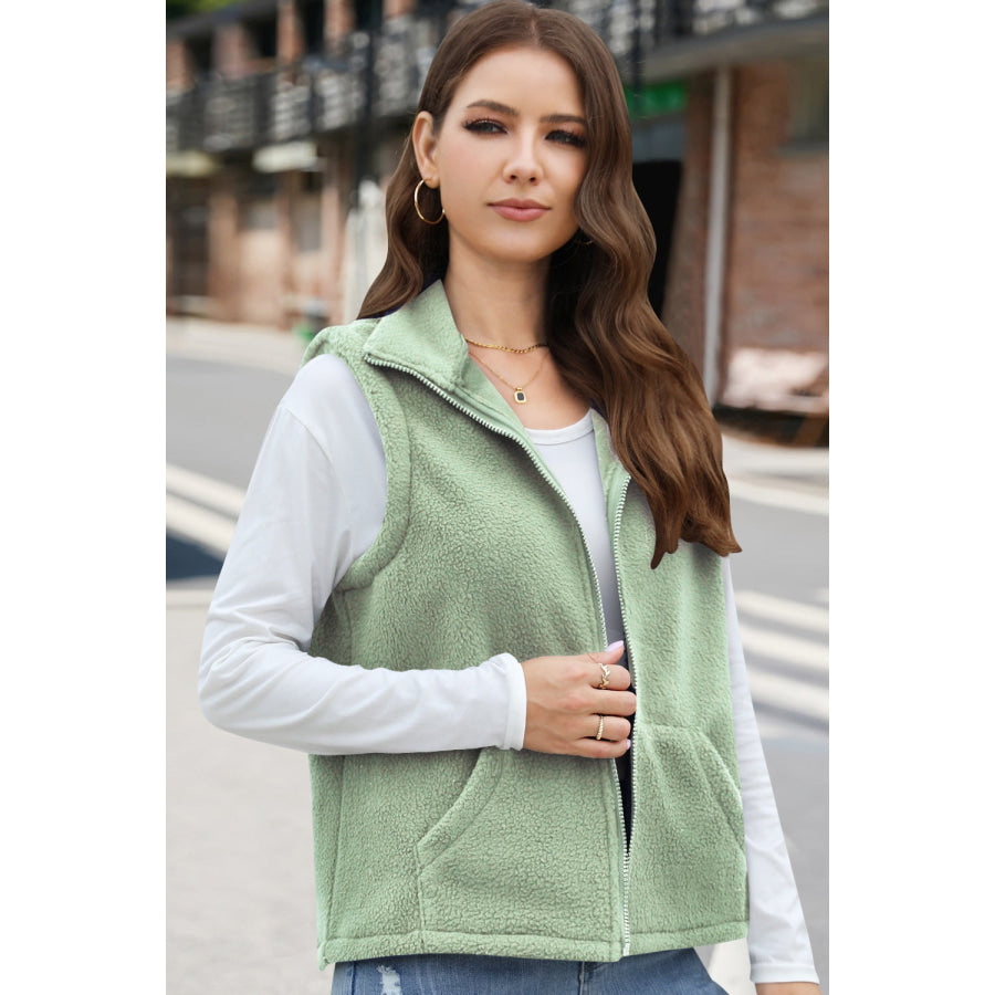 Zip Up Vest Coat with Pockets Light Green / S Apparel and Accessories