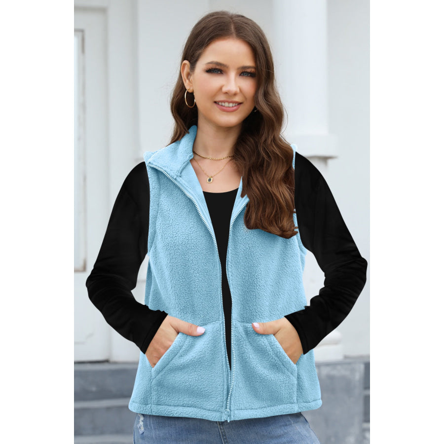 Zip Up Vest Coat with Pockets Pastel Blue / S Apparel and Accessories