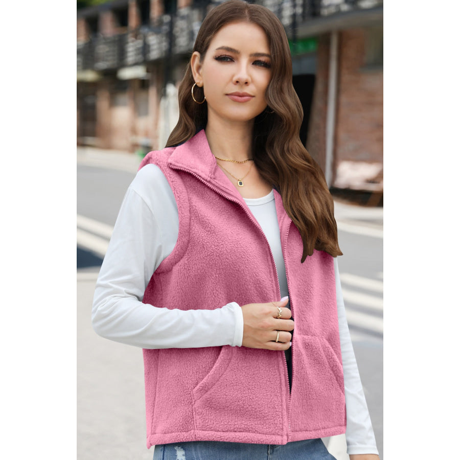 Zip Up Vest Coat with Pockets Pink / S Apparel and Accessories