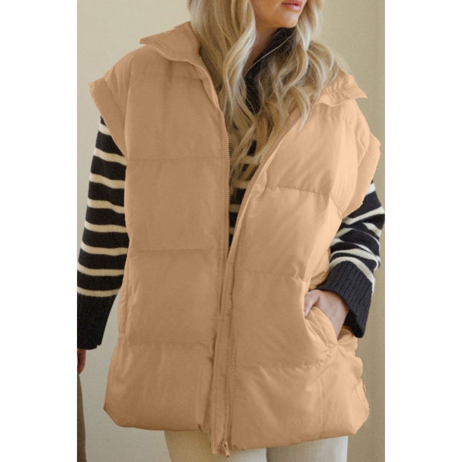 Zip Up Vest Coat with Pockets Tan / S Apparel and Accessories