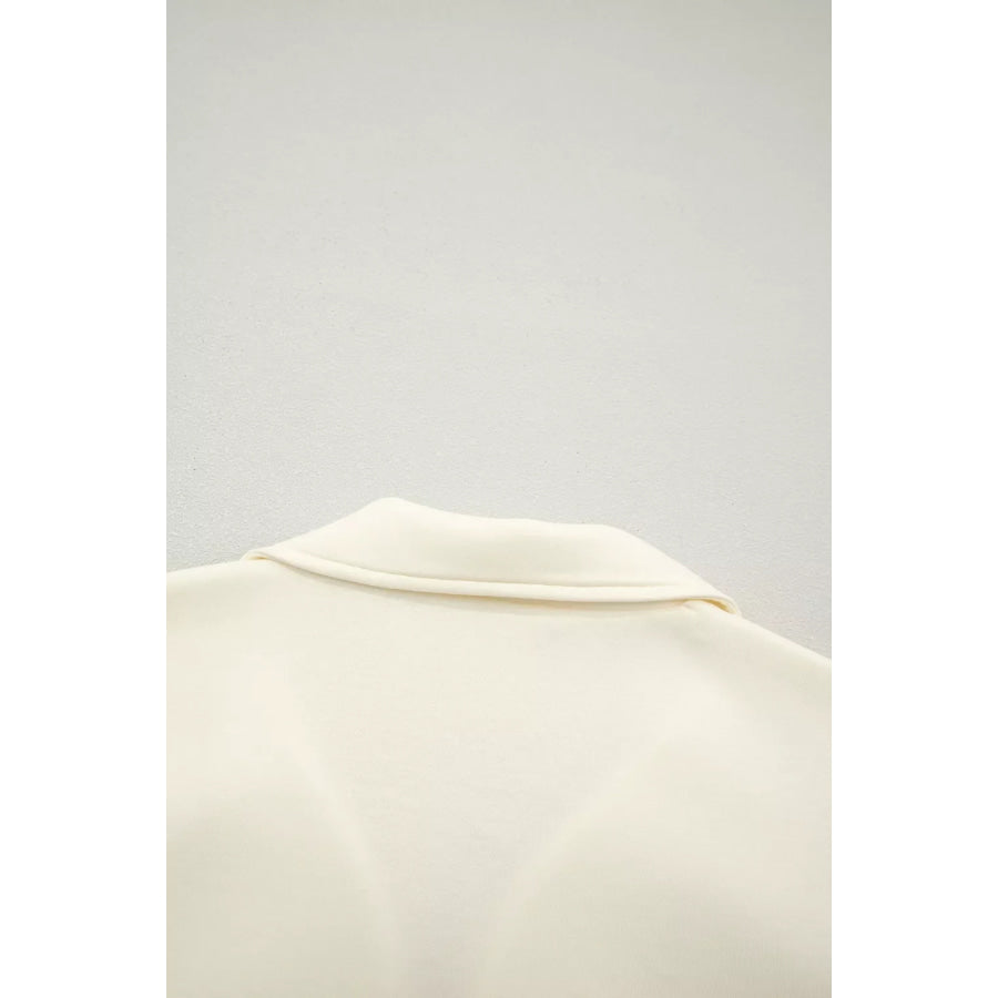 Zipped up Collared Ruffled Short Sleeve Blouse Apparel and Accessories