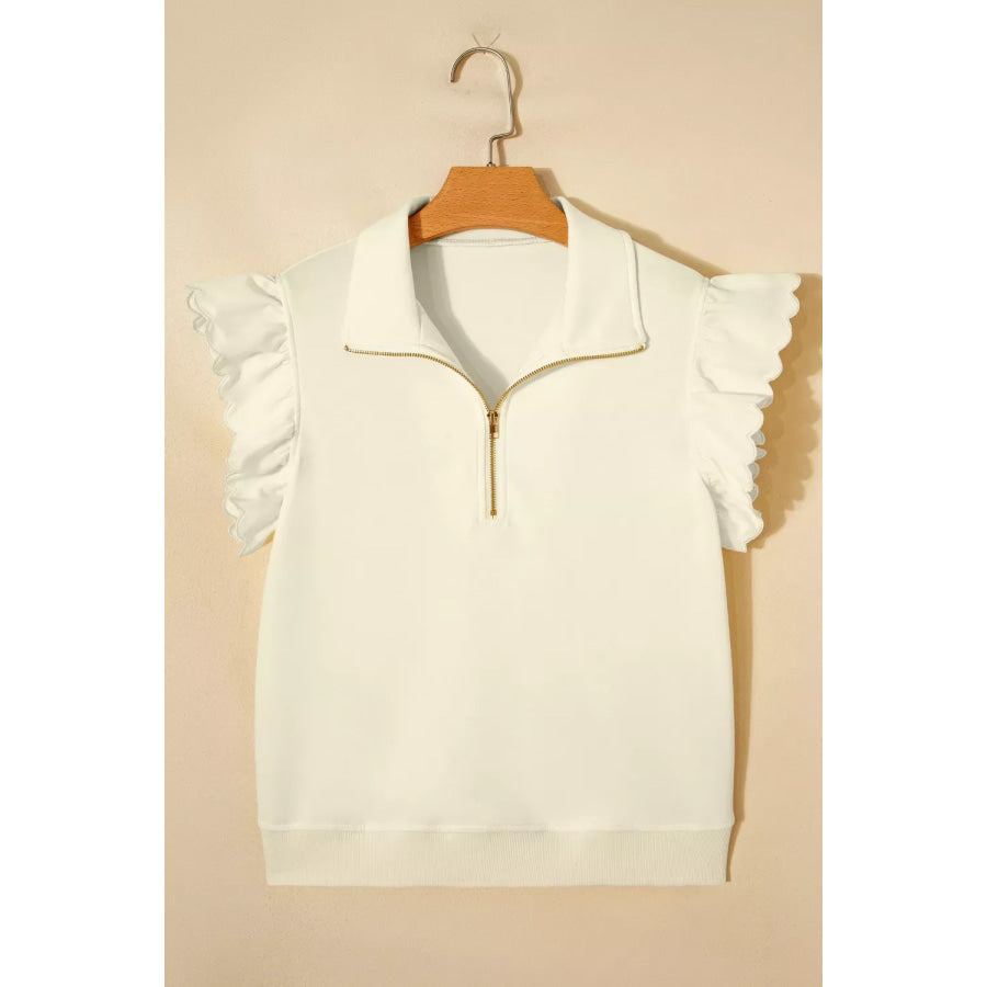 Zipped up Collared Ruffled Short Sleeve Blouse Apparel and Accessories