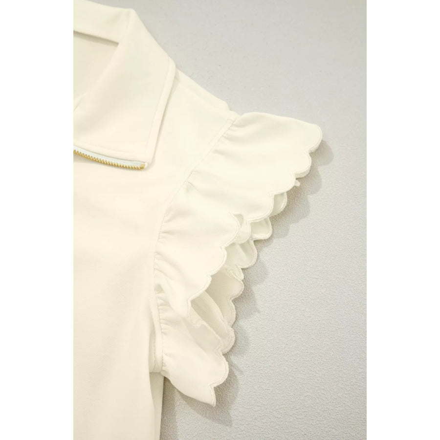 Zipped up Collared Ruffled Short Sleeve Blouse Apparel and Accessories