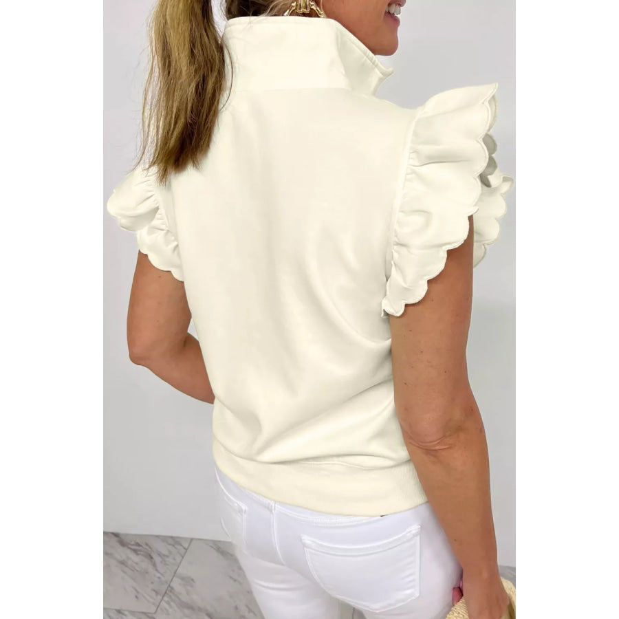 Zipped up Collared Ruffled Short Sleeve Blouse Apparel and Accessories