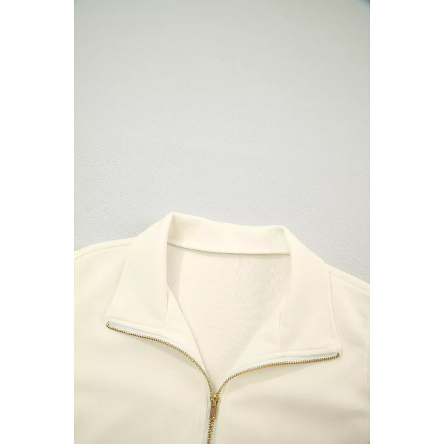 Zipped up Collared Ruffled Short Sleeve Blouse Apparel and Accessories