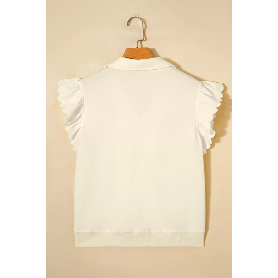 Zipped up Collared Ruffled Short Sleeve Blouse Apparel and Accessories