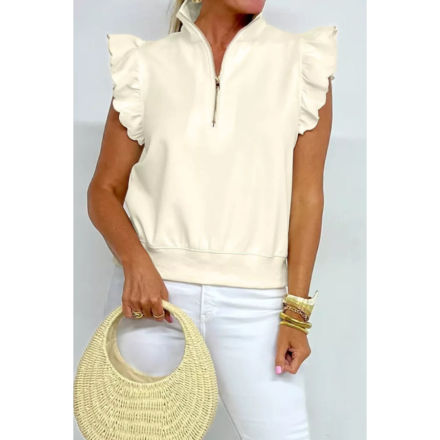 Zipped up Collared Ruffled Short Sleeve Blouse Cream / S Apparel and Accessories