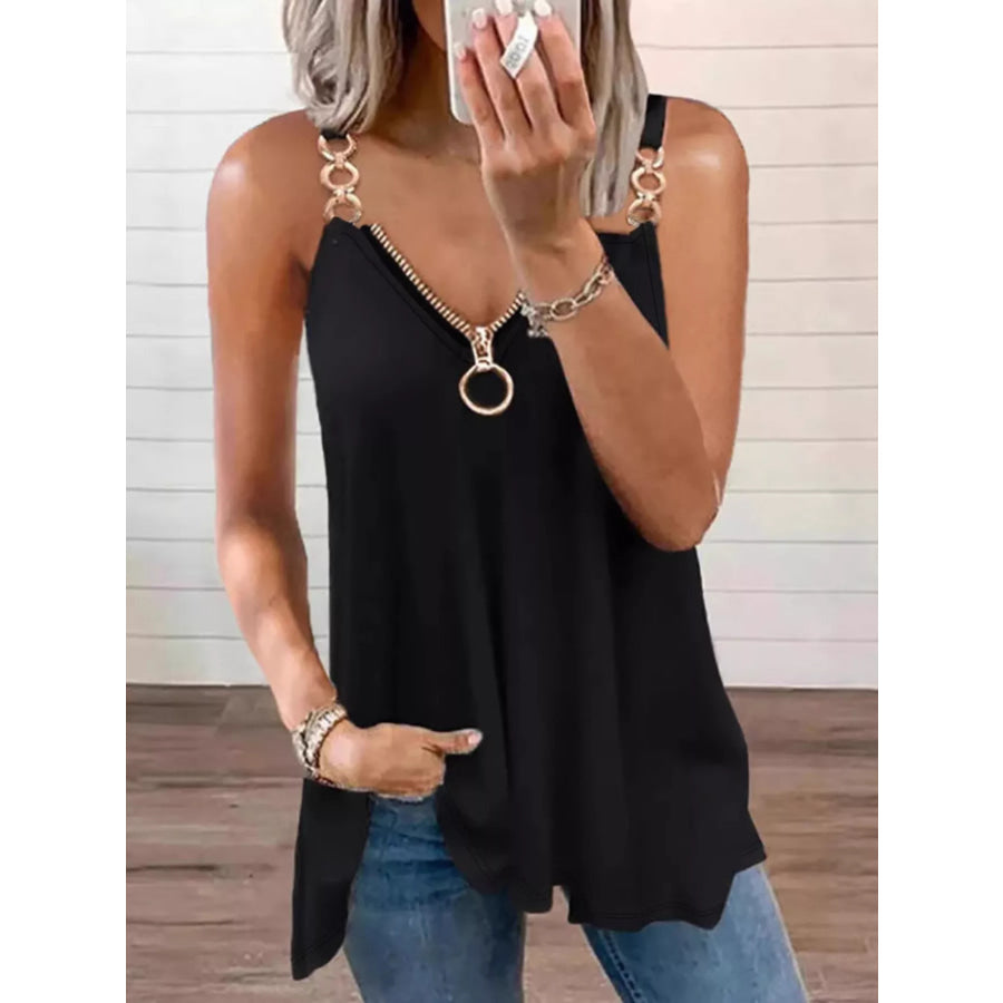 Zipper Detail Chain Strap Cami Black / S Apparel and Accessories