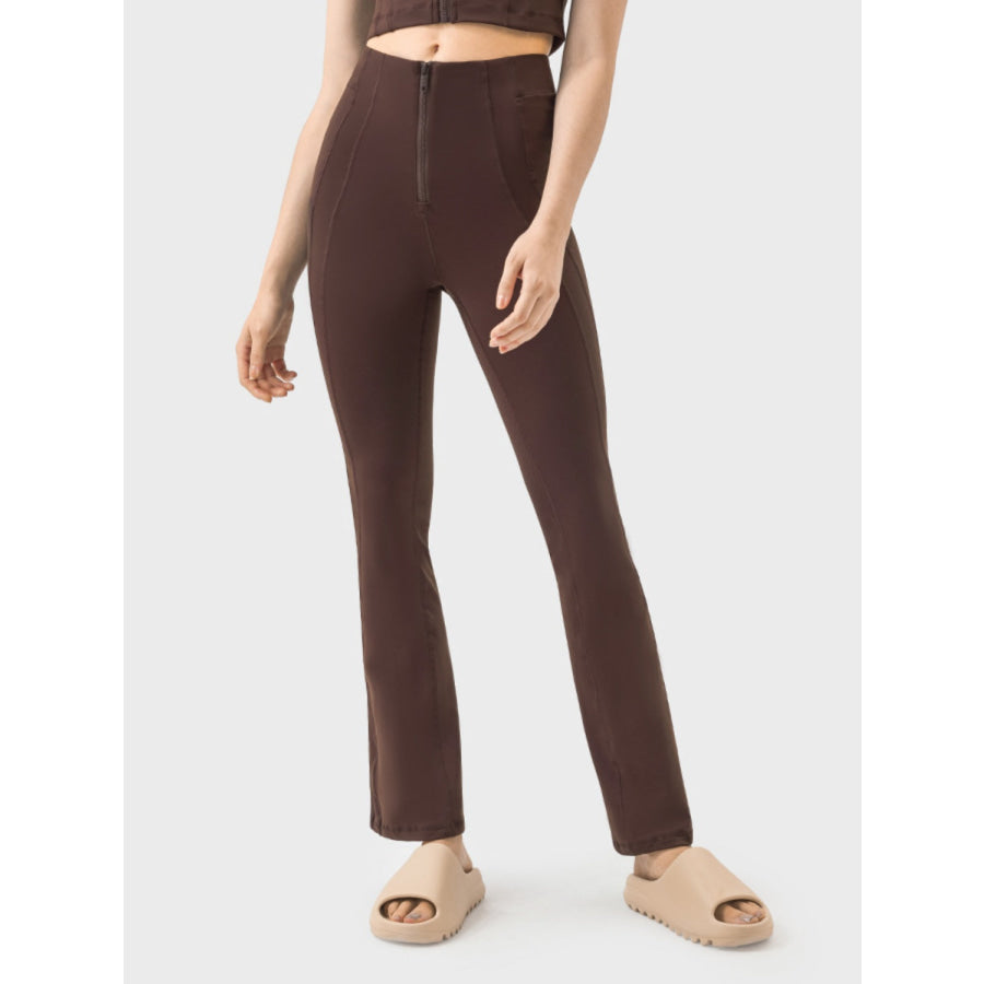 Zipper Detail High Waist Active Pants Chocolate / 4 Apparel and Accessories