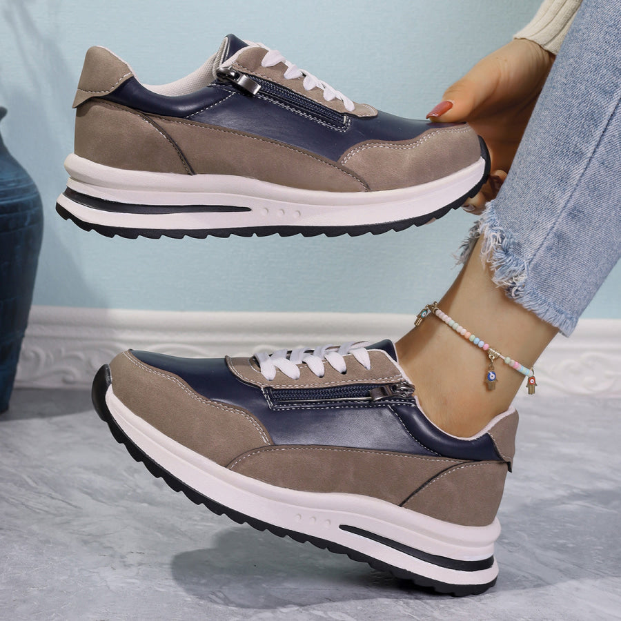 Zipper Detail Lace Up Sneakers Apparel and Accessories