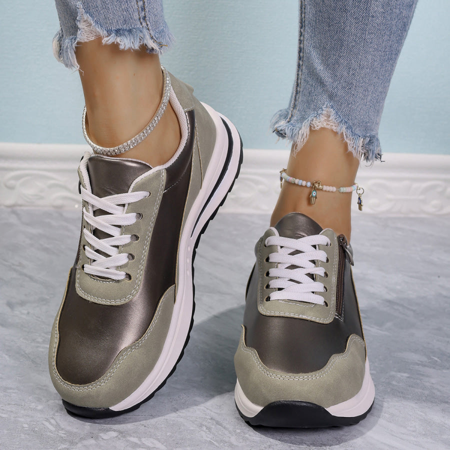 Zipper Detail Lace Up Sneakers Apparel and Accessories