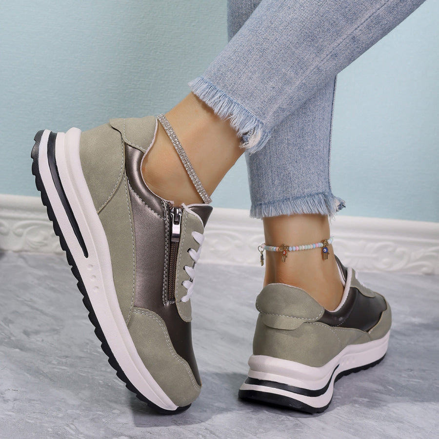 Zipper Detail Lace Up Sneakers Apparel and Accessories