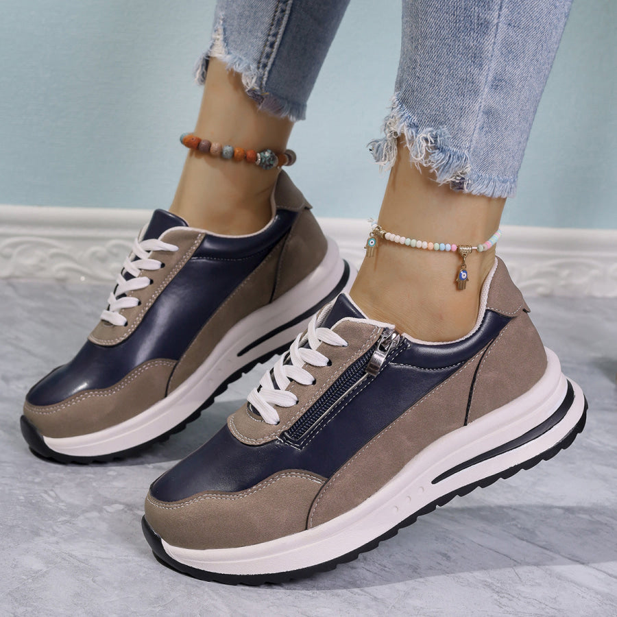 Zipper Detail Lace Up Sneakers Apparel and Accessories