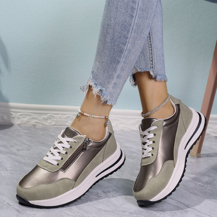 Zipper Detail Lace Up Sneakers Apparel and Accessories