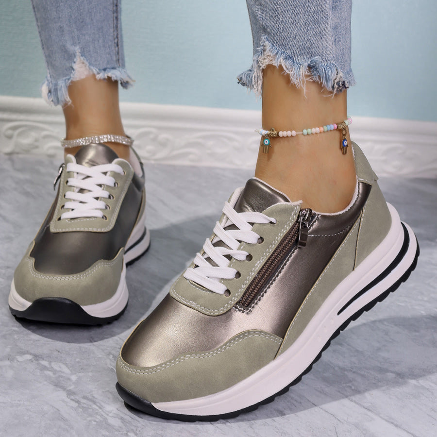 Zipper Detail Lace Up Sneakers Apparel and Accessories