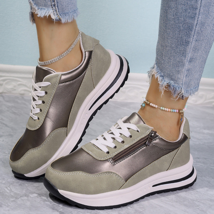 Zipper Detail Lace Up Sneakers Champagne / 36 Apparel and Accessories