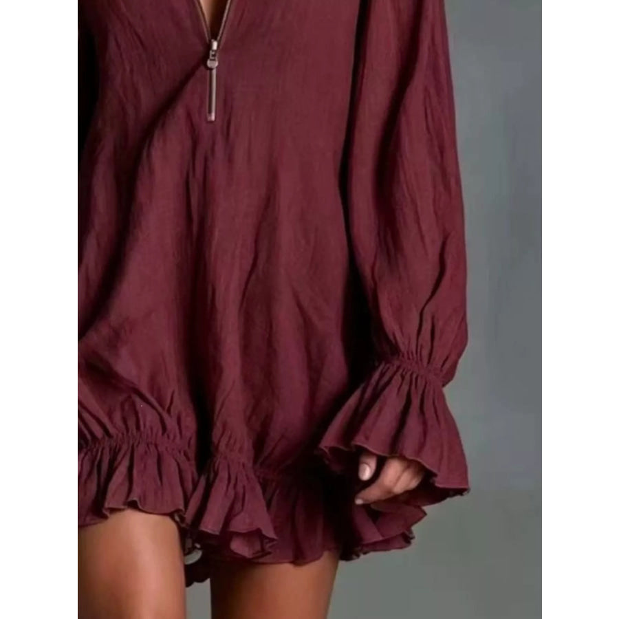 Zipper Front Ruffle Hem Flounce Sleeve Mini Dress Apparel and Accessories
